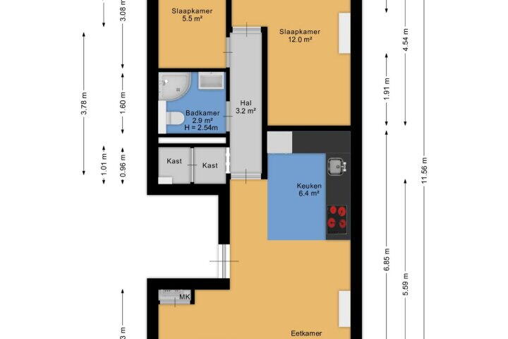 Plattegrond – Van Ostadestraat 156 3, Amsterdam